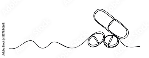Continuous line drawing of medical capsules and tablets symbolizing healthcare, treatment, and pharmaceutical solutions for a healthy lifestyle.