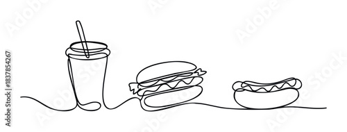 Minimalist line drawing of a soda drink, hamburger, and hot dog presented as a complete meal for fast food consumption or a graphic element for casual dining concepts