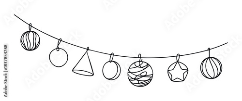 String of hanging holiday ornaments including spheres, a cone, and a star, perfect for festive seasonal decorations and celebratory themes.