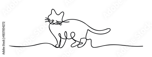 Minimalist continuous line drawing of a playful cat standing elegantly on a wavy surface, perfect for petrelated themes and whimsical stationery applications.
