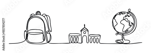 Continuous line drawing of a backpack, school building, and globe on a stand, perfect for educational themes and back to school promotions.