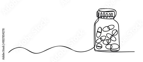 Single line drawing of a pill bottle filled with capsules and tablets, perfect for pharmaceutical or healthcare related projects.
