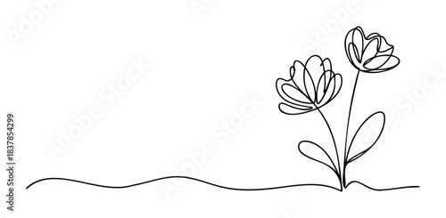 Delicate single line drawing of two blooming flowers and a wavy ground line, perfect for floral themes and elegant branding needs