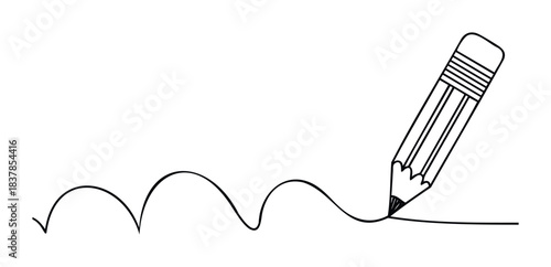 Black pencil draws a wavy line across a white surface, symbolizing creativity and writing process, ideal for stationery or educational content.