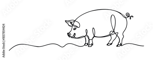 Minimalist single line drawing of a happy pig exploring a gentle landscape, perfect for farm branding, childrens books, or agricultural themes