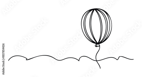 A single continuous line drawing of a balloon floating above a wavy ground line, perfect for conceptualizing lightness, joy, or celebration in a minimalist style for various graphic