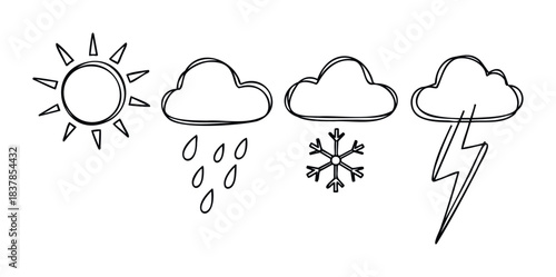 Hand drawn icons representing sun rain snow and lightning for weather forecast app and educational material on atmospheric conditions