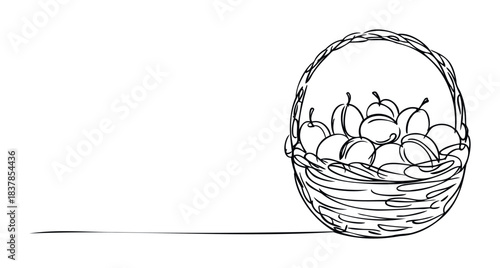Simple black line drawing of a woven basket filled with fresh fruit, perfect for healthy eating concepts and natural food promotions