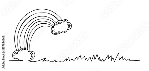 Simple black outline drawing of a rainbow arching over clouds and grassy ground, ideal for children themes, weather concepts and joyful celebration visuals.