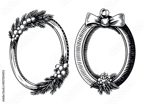 Vintage botanical frames with pine sprigs and berries for holiday and greeting card decoration, perfect for winter celebrations and festive invitations.