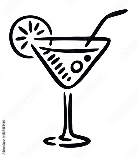 Stylized black line drawing of a martini glass with a lemon slice and straw, perfect for hospitality and beverage advertising graphics.