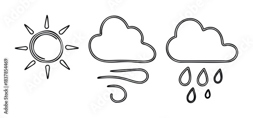 Set of simple weather icons including sun, wind, and rain clouds, perfect for use in weather apps, forecasts, educational materials, and graphic presentations.