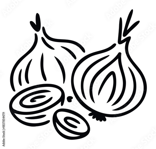 Simple line drawing of two whole onions and two sliced onions with visible layers, perfect for food blogs and culinary presentations