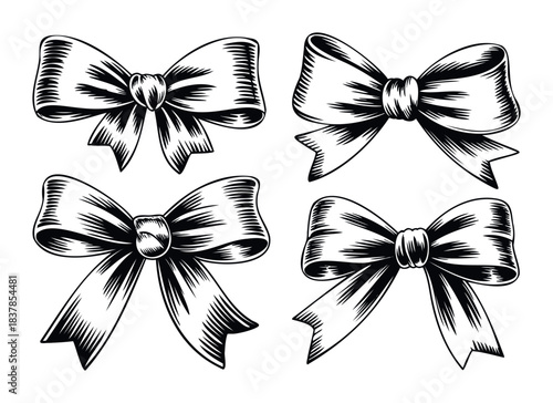 Set of four classic black and white bow designs with detailed shading and elegant ribbon loops, perfect for gift wrapping, celebration decorations, and design accents