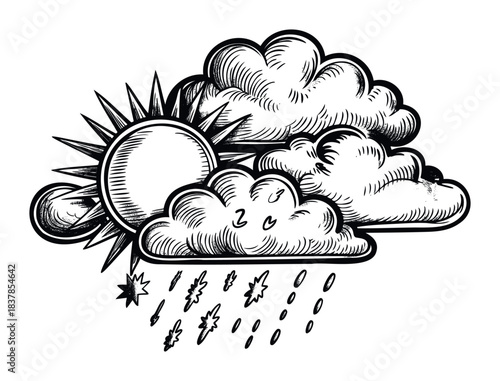 Whimsical weather forecast with sun and clouds depicted in a graphic style suitable for meteorological presentations and weather alerts.
