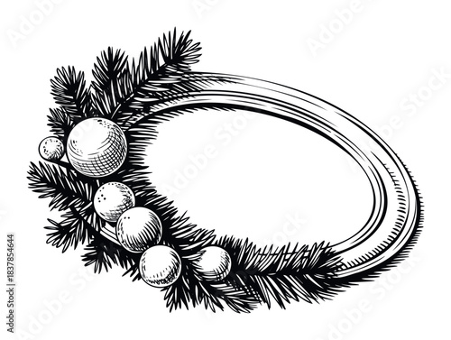 Hand drawn vintage oval frame with pine branches and baubles for holiday greeting cards or invitations