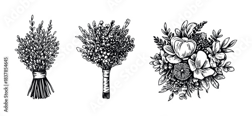 Collection of three hand drawn black and white floral bouquets suitable for event invitations, wedding stationery, or decorative accents.