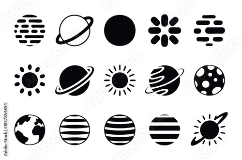 Collection of planetary icons and celestial bodies representing space exploration, astronomy, and cosmic themes for various digital media applications.