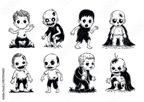 Collection of eight hand drawn cute spooky monster characters with big eyes and tattered clothing suitable for Halloween themed products and graphic design projects