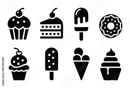 Collection of sweet treat icons including cupcakes, cake slices, ice cream cones, popsicles, and donuts for food related projects
