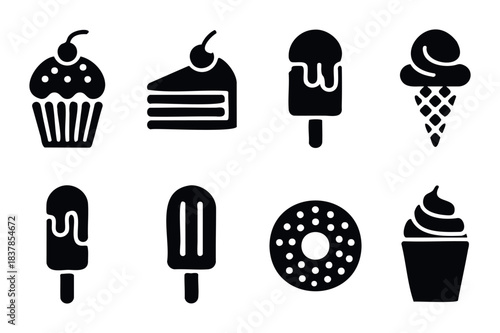 Collection of eight black sweet food icons including cupcakes, cake slices, popsicles, ice cream cones and donuts for a confectionery advertisement