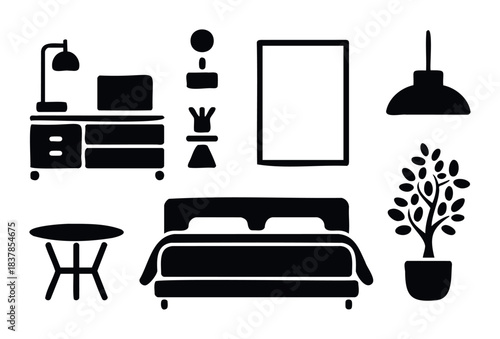 Collection of minimalist black furniture icons including a desk with lamp, bed, table, and potted plant for interior decor and home design concepts.
