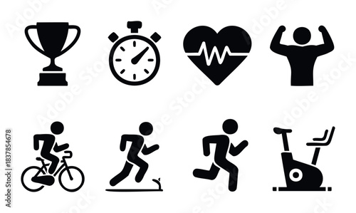 Collection of sport and fitness icons including trophy, stopwatch, heart rate, weightlifter, cyclist, runner, and exercise bike for health and competition graphics.