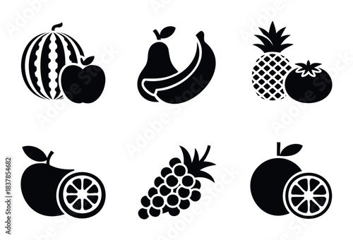 Collection of fresh fruit icons including watermelon apple pear banana pineapple tomato orange and grapes for healthy eating and grocery store promotion