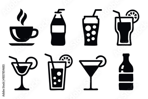 Collection of eight black icons representing various beverages including coffee cup, soda bottle, fizzy drinks, cocktails and spirits for food service or beverage industry promotion.