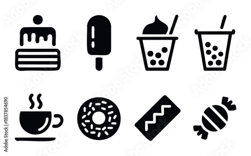 Collection of modern flat icons representing various sweet treats and beverages perfect for food menus, websites, and application interfaces