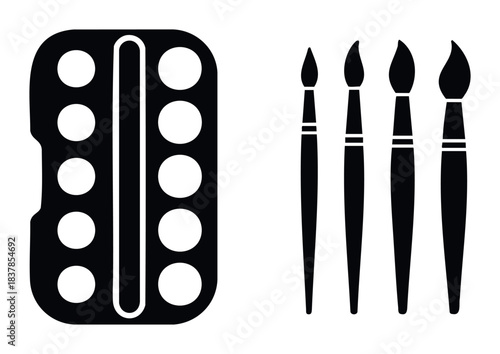 Painting supplies including a color palette and brushes, perfect for hobbyists and professional artists needing tools for creating vibrant artworks and visual projects.