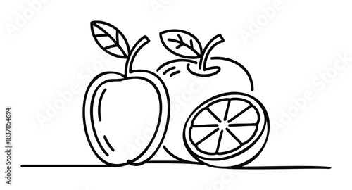Simple outline of two apples and a half orange with leaves for healthy eating and fresh fruit concepts, perfect for dietary and wellness promotions
