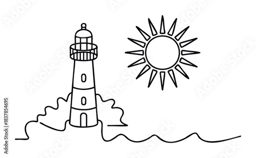 Simple outline drawing of a lighthouse by the sea under the sun, perfect for nautical themes, travel inspiration, and maritime safety concepts.