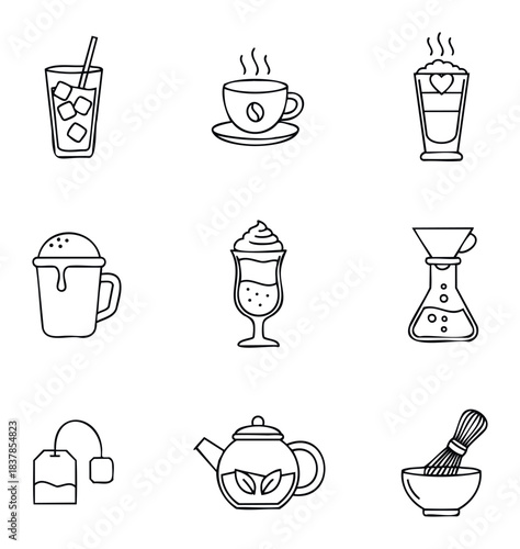 Collection of simple line drawings representing various hot and cold beverages, tea preparation, and coffee brewing methods suitable for menus, signage, and promotional materials.