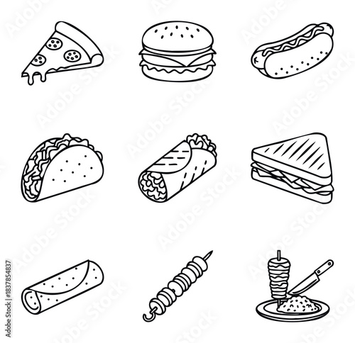 Collection of popular fast food items including pizza, burger, hot dog, taco, burrito, sandwich, kebab, and shawarma presented as outline graphics for easy integration into various food