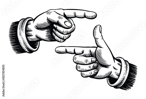 Vintage woodcut style hands pointing fingers at each other creating a framing gesture, useful for guidance or selection themes