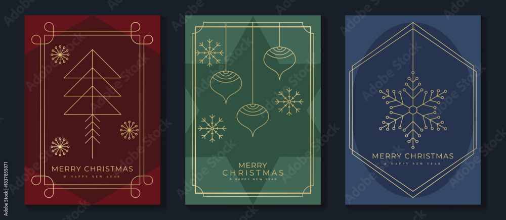 Obraz premium Christmas card vector illustration with minimal gold line ornaments. Elegant design for holiday cards and celebration themes.