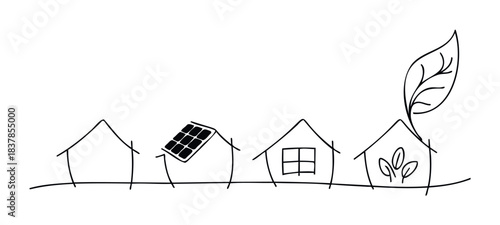 Drawn houses progress from empty to eco friendly with solar panel and leaf, symbolizing green building and sustainable living for architectural presentations and environmental campaigns.