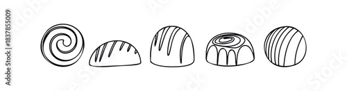 Assortment of hand drawn confectionery items including swirls, domes, and striped shapes, perfect for bakery promotions and dessert themed projects.