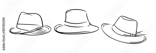 Line drawing collection of three different styles of fedora hats suggesting gentlemens accessories and classic headwear for various occasions and style statements.