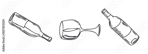 Simple line drawings of wine bottles and a glass, perfect for beverage promotions, menus, and hospitality branding, offering a minimalist visual for your next project.