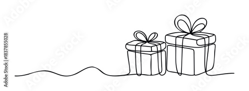 Minimalist line drawing depicts two wrapped gift boxes with bows, perfect for holiday greetings, celebrations, or promotional materials signifying presents and surprises.