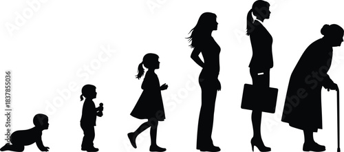 Silhouette illustration showing the complete stages of a woman’s life from infancy to old age, representing growth, development, maturity, aging, and transformation