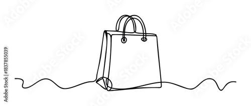 Single line drawing of a shopping bag with handles on a wavy line, representing commerce and consumerism for retail and sale concepts.