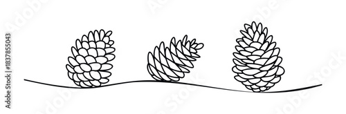 Hand drawn line art of three pinecones on a wavy surface perfect for winter themes, nature, and holiday projects