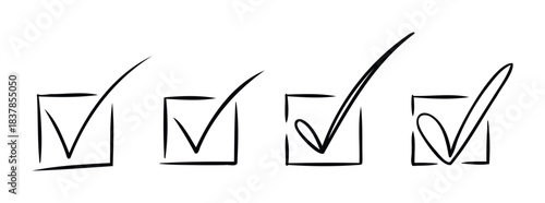Four hand drawn check boxes with check marks signifying completion or selection for task management and progress tracking in a simple graphic style suitable for various applications.