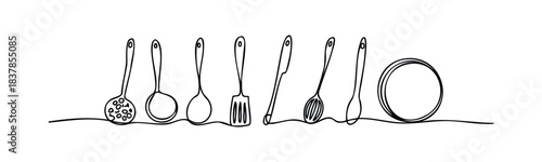 Continuous line drawing of various kitchen utensils including spoons, a slotted spoon, a spatula, a fork, and a plate for culinary activities and food preparation concepts.