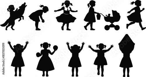 “Collection of playful little girl silhouette vector poses featuring running, dancing, playing, walking, and interacting for creative children’s artwork and designs”