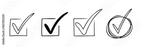 Hand drawn check mark symbols in squares and circle for task completion and approval, perfect for project management and organizational concepts