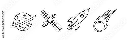 Space exploration icons including a ringed planet, satellite, rocket ship, and comet for travel and discovery themes.